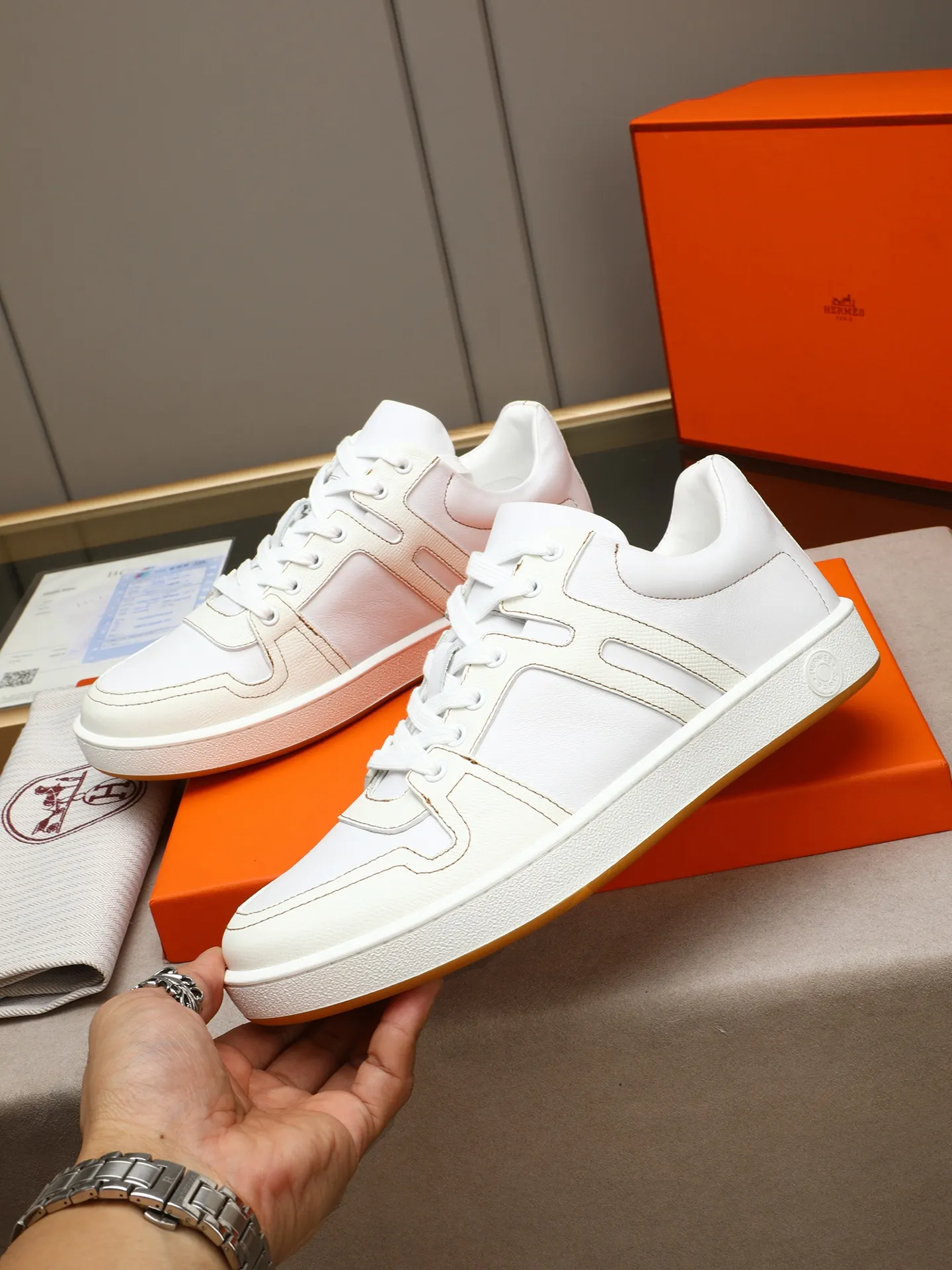 Men's shoes 💰720 [HERMES] Hermès - High-end quality original 🔍🔍🔍 casual sneakers - Upper: 🔝 Napa calfskin, shoe body sewn with brand 'H' totem - Lining: water-dyed cowhide - Outsole: original TPR. :38-44 (45, can be customized)